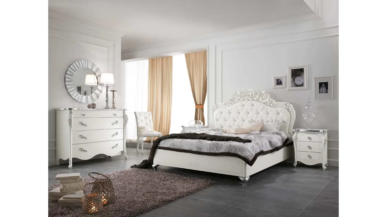 Letto con testiera in pelle trapuntata e intaglio floreale Viola di Mobil Più