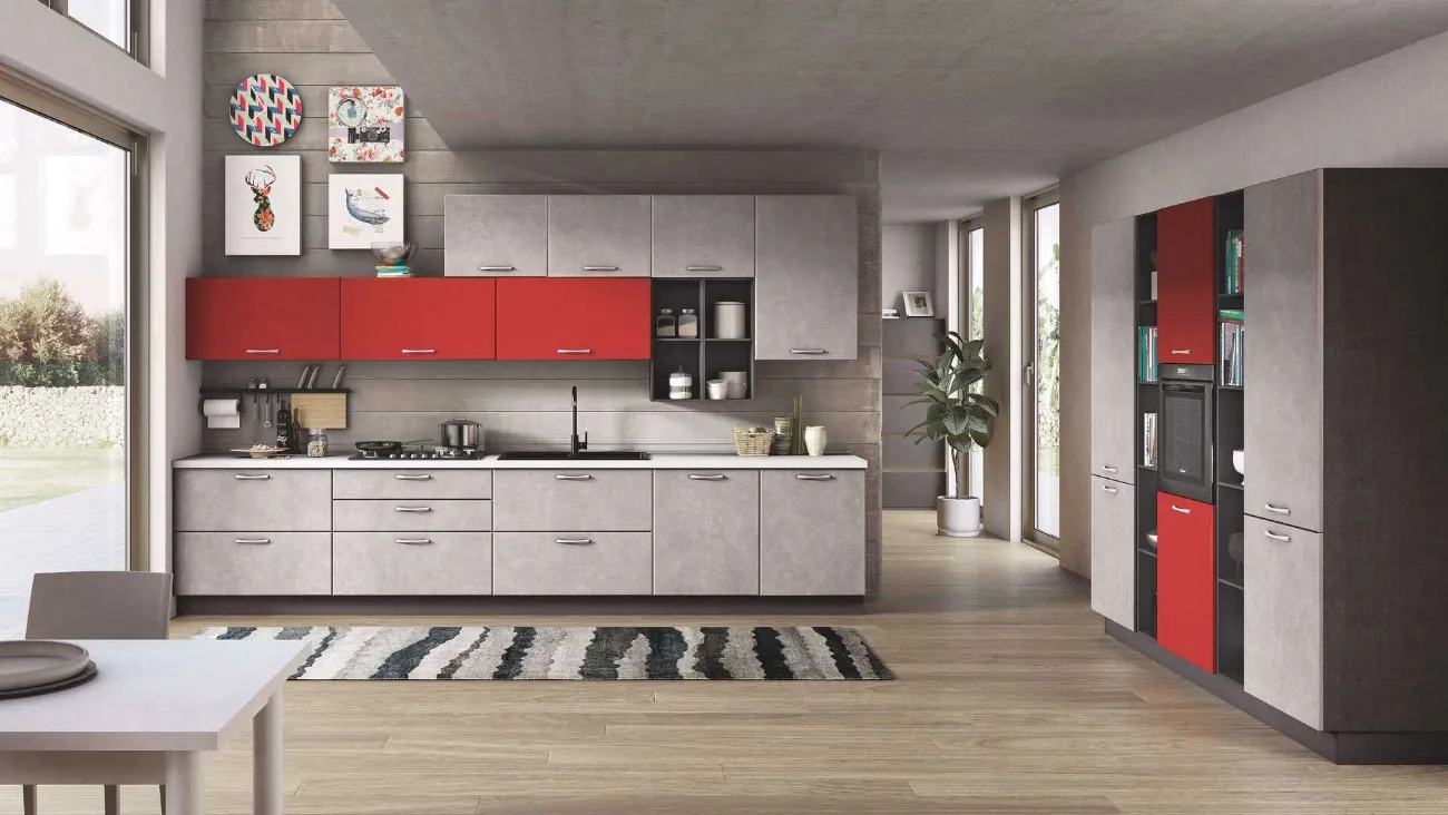 Cucina Moderna ad angolo Ambra 02 Grigio e Rosso di Net Cucine