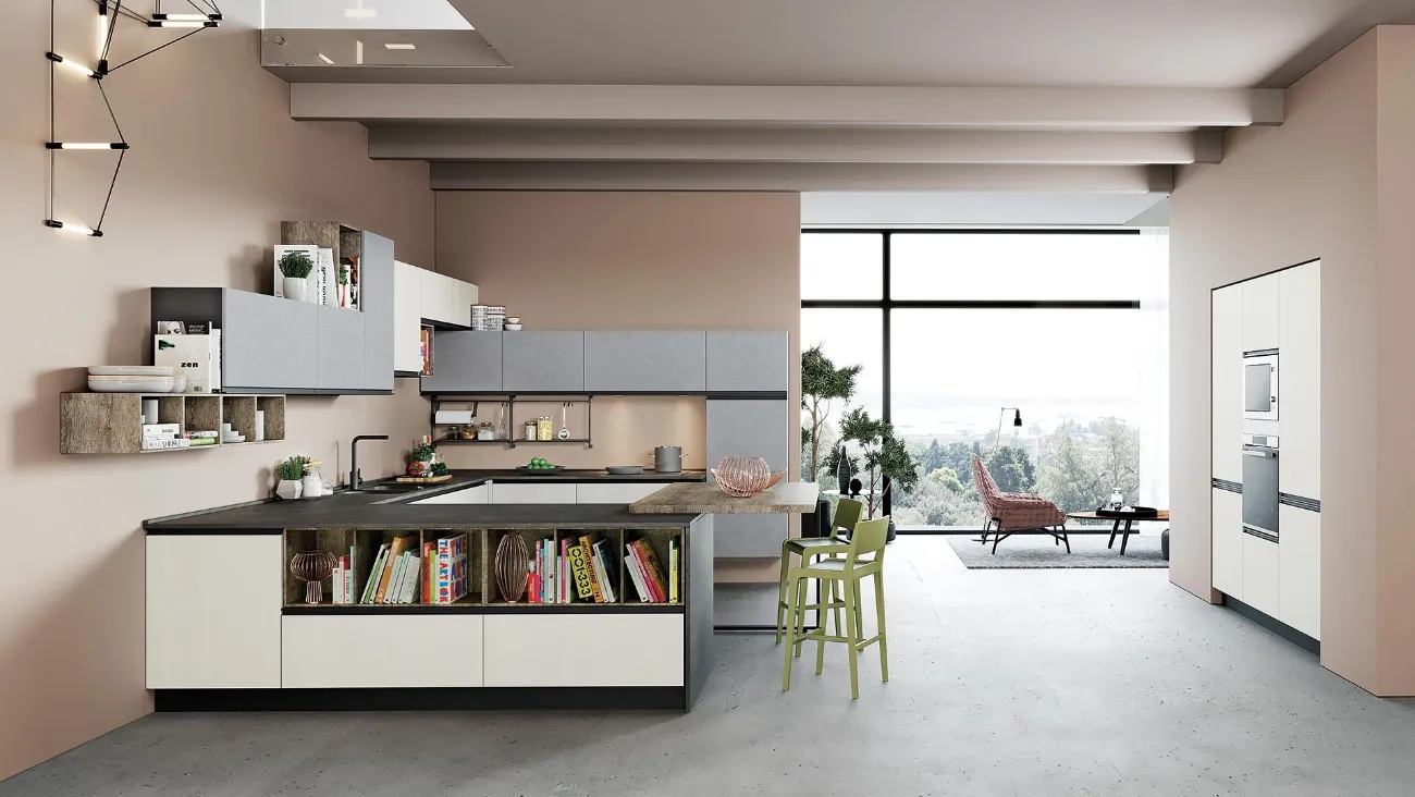 Cucina Moderna Era 02 Bianco Opaco e Pietra Grafite di Net Cucine