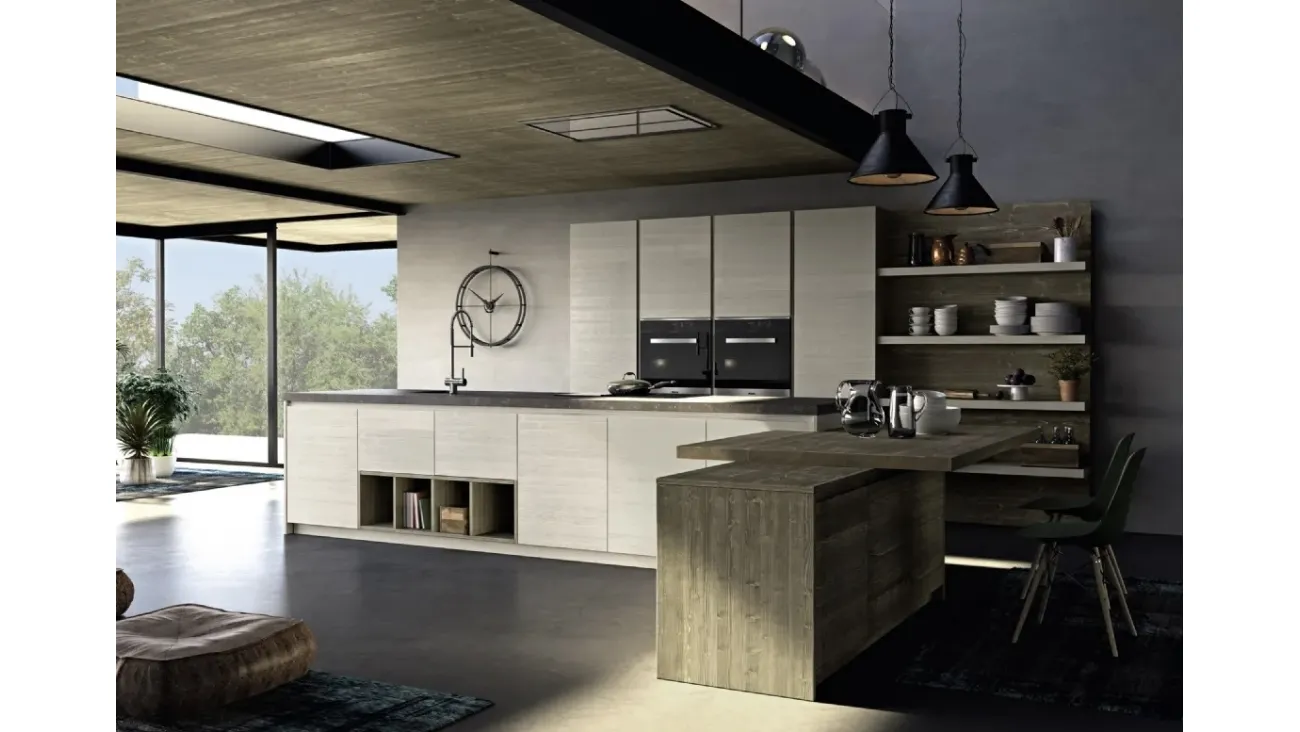 Cucina Moderna in legno di abete grigio con isola Mood 01 di Fratelli Mirandola