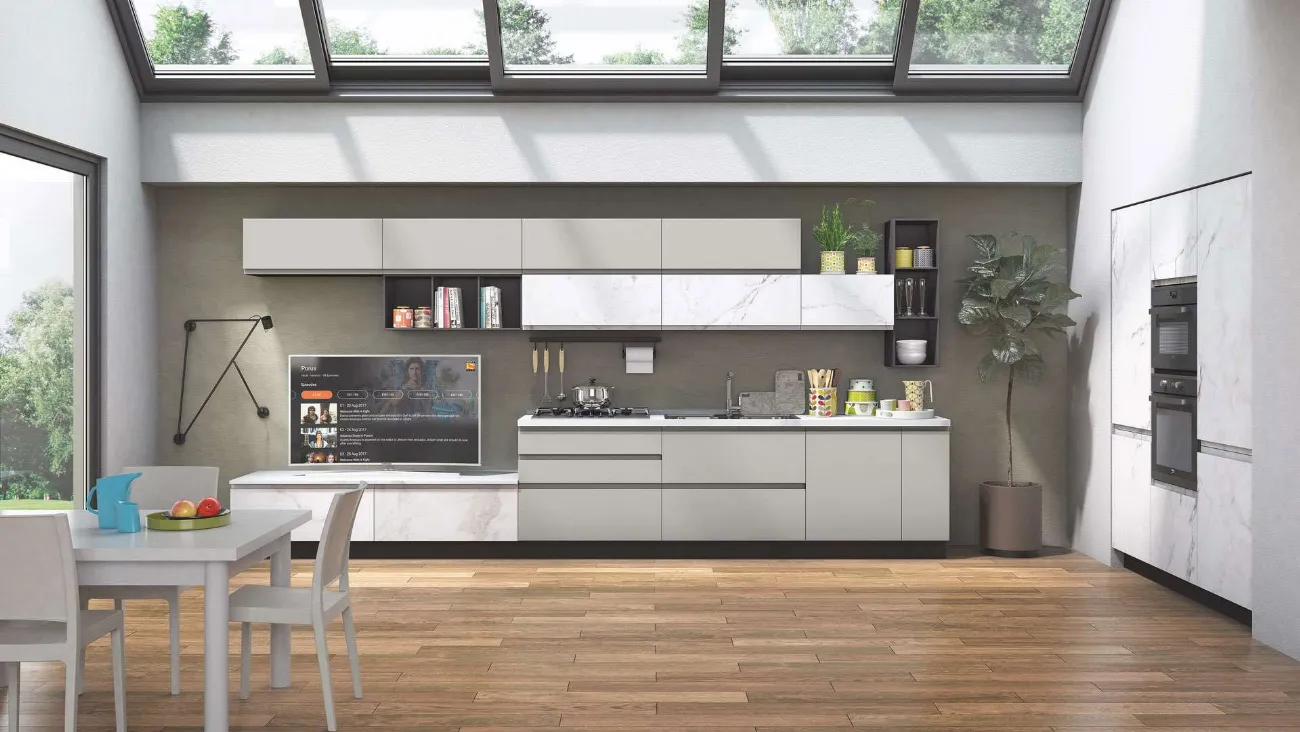 Cucina Moderna Kelly 01 effetto Marmo Bianco e Grigio Acciaio Opaco di Net Cucine