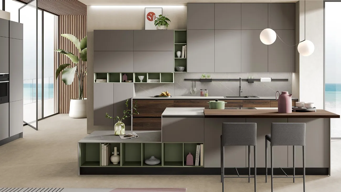 Cucina Moderna con isola Zante finitura rovere sigaro e matt visone di Mobilturi